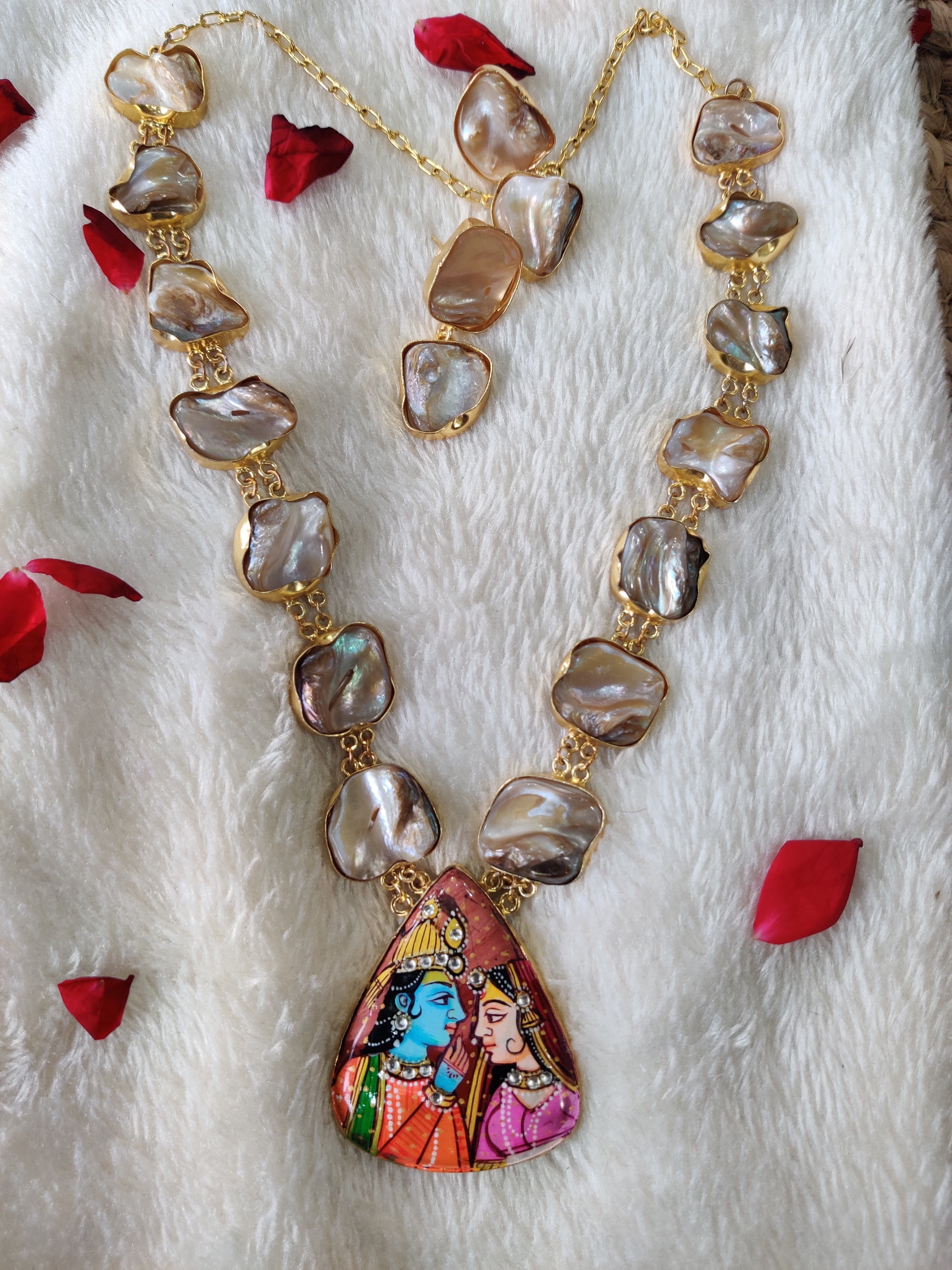 Hand painted Radha krishna miniature art neckpiece with MOP