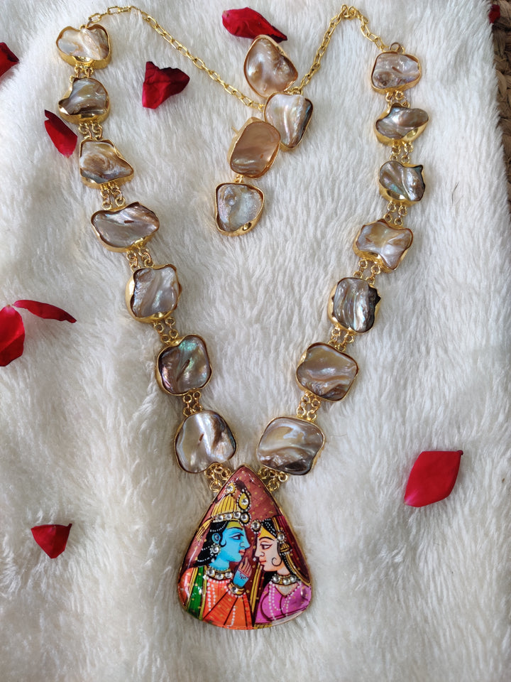 Hand painted Radha krishna miniature art neckpiece with MOP