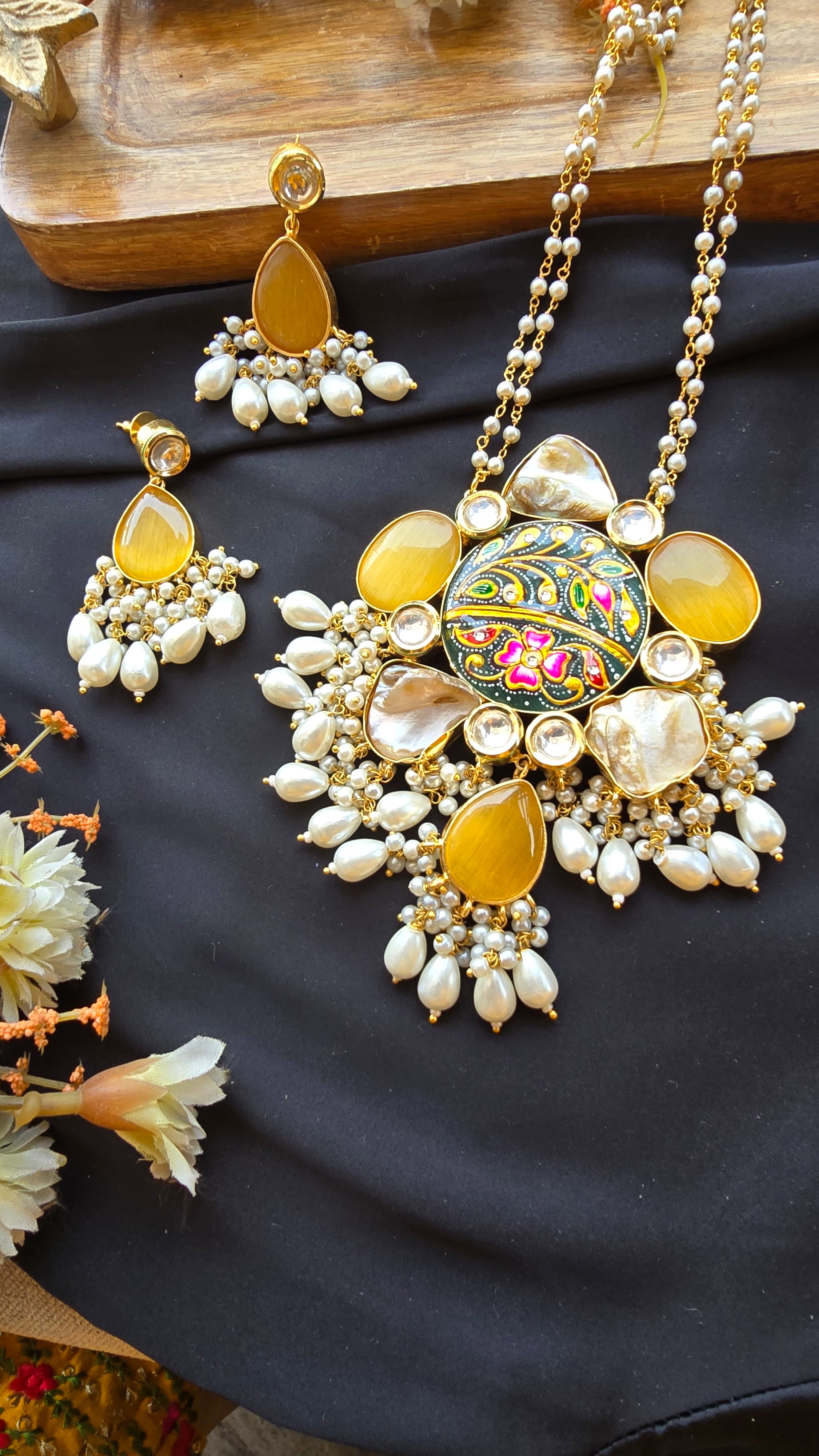 Handcrafted Meenakari Floral Pendant Necklace Set with Cat’s Eye Stones & Pearl Droplets