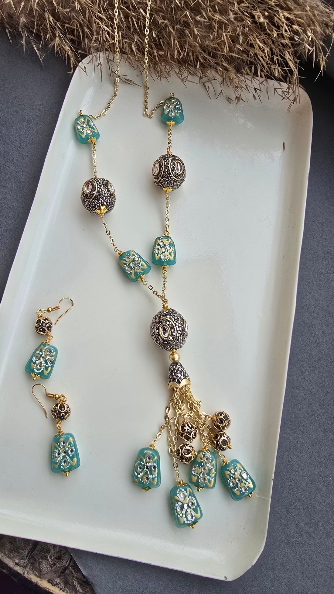 Long Bohemian Aqua Blue Bead Dori Necklace with Earrings