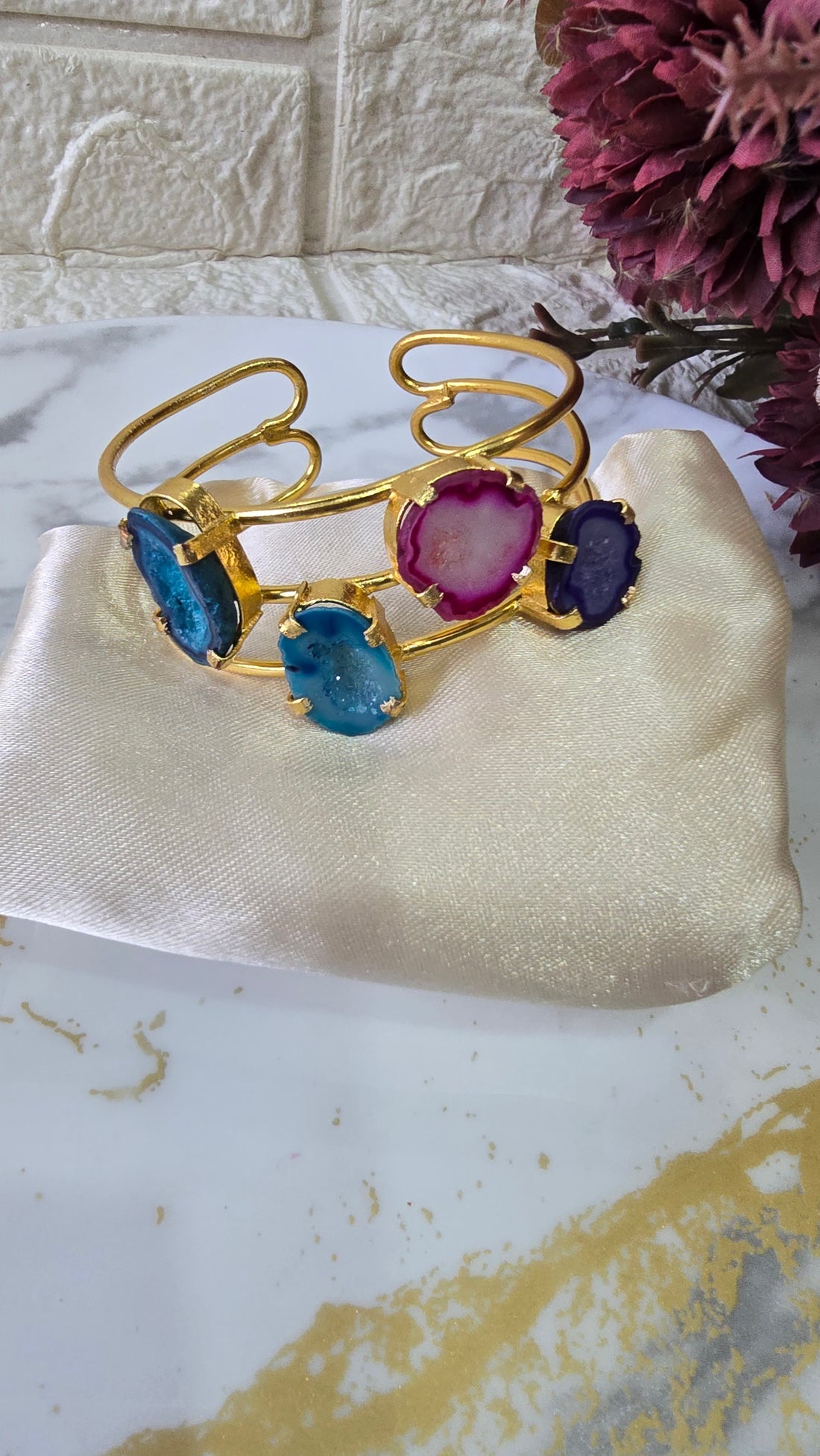 Irregular Agate Gold Cuff - Vibrant Druzy Statement Piece