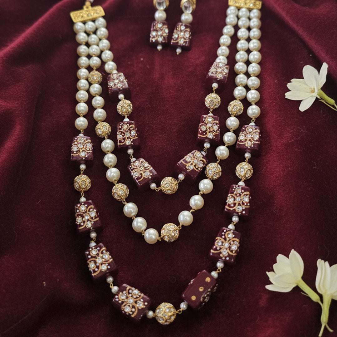 Three-Layer Pearl and Meenakari Bead Necklace Set with Matching Earrings