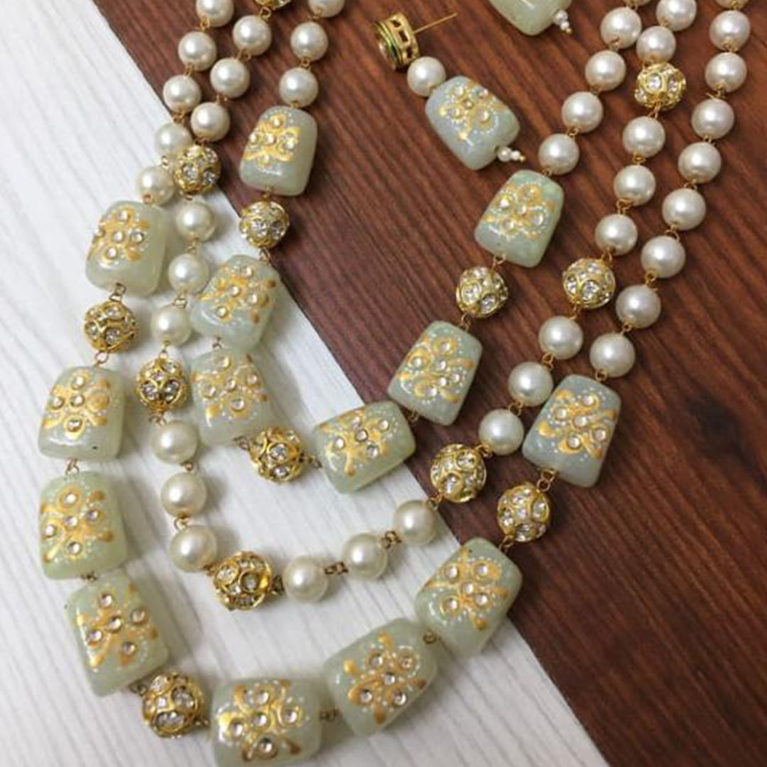 Three-Layer Pearl and Meenakari Bead Necklace Set with Matching Earrings
