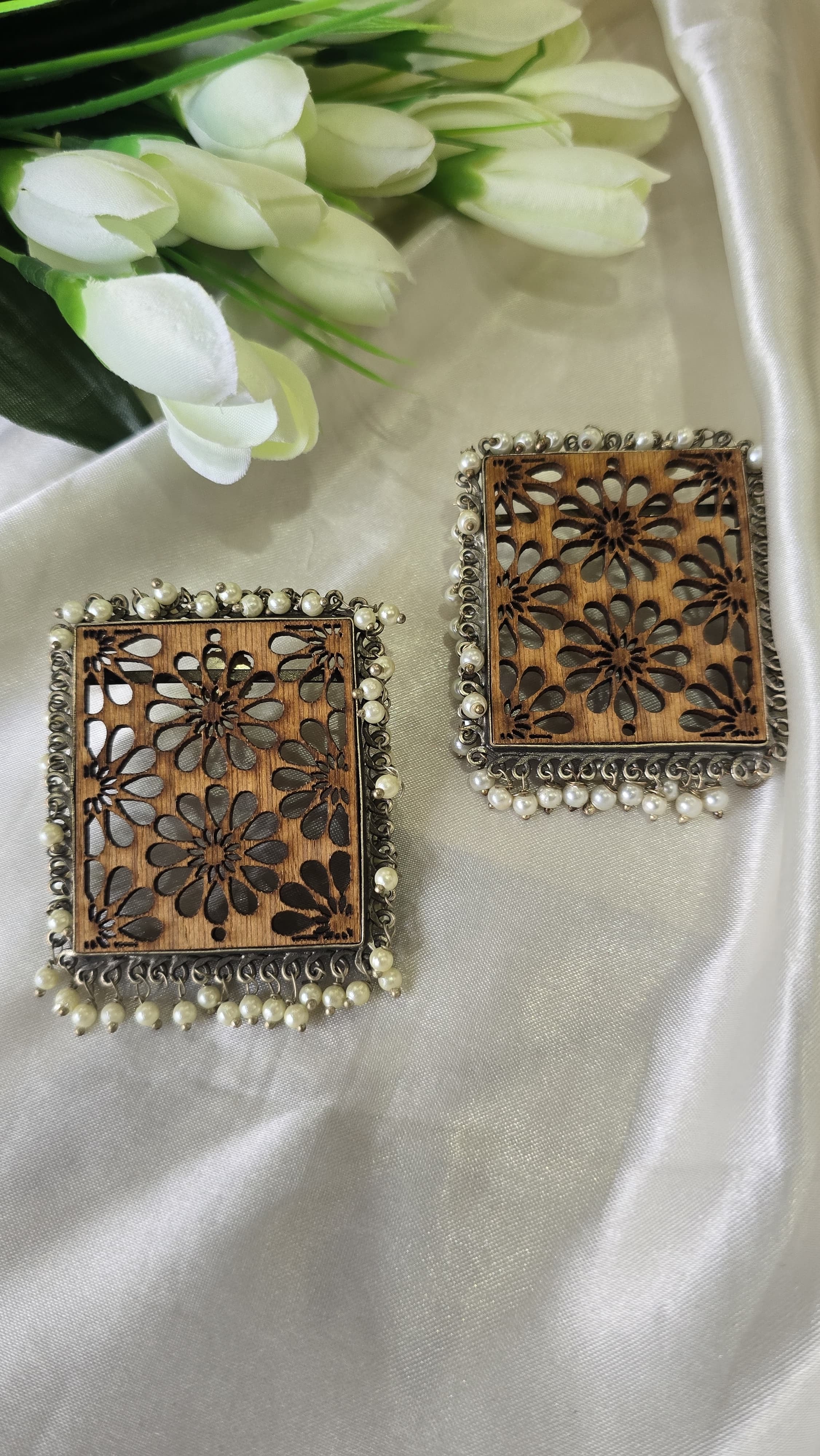 Designer hand crafted Rectangle wooden earring with pearl.