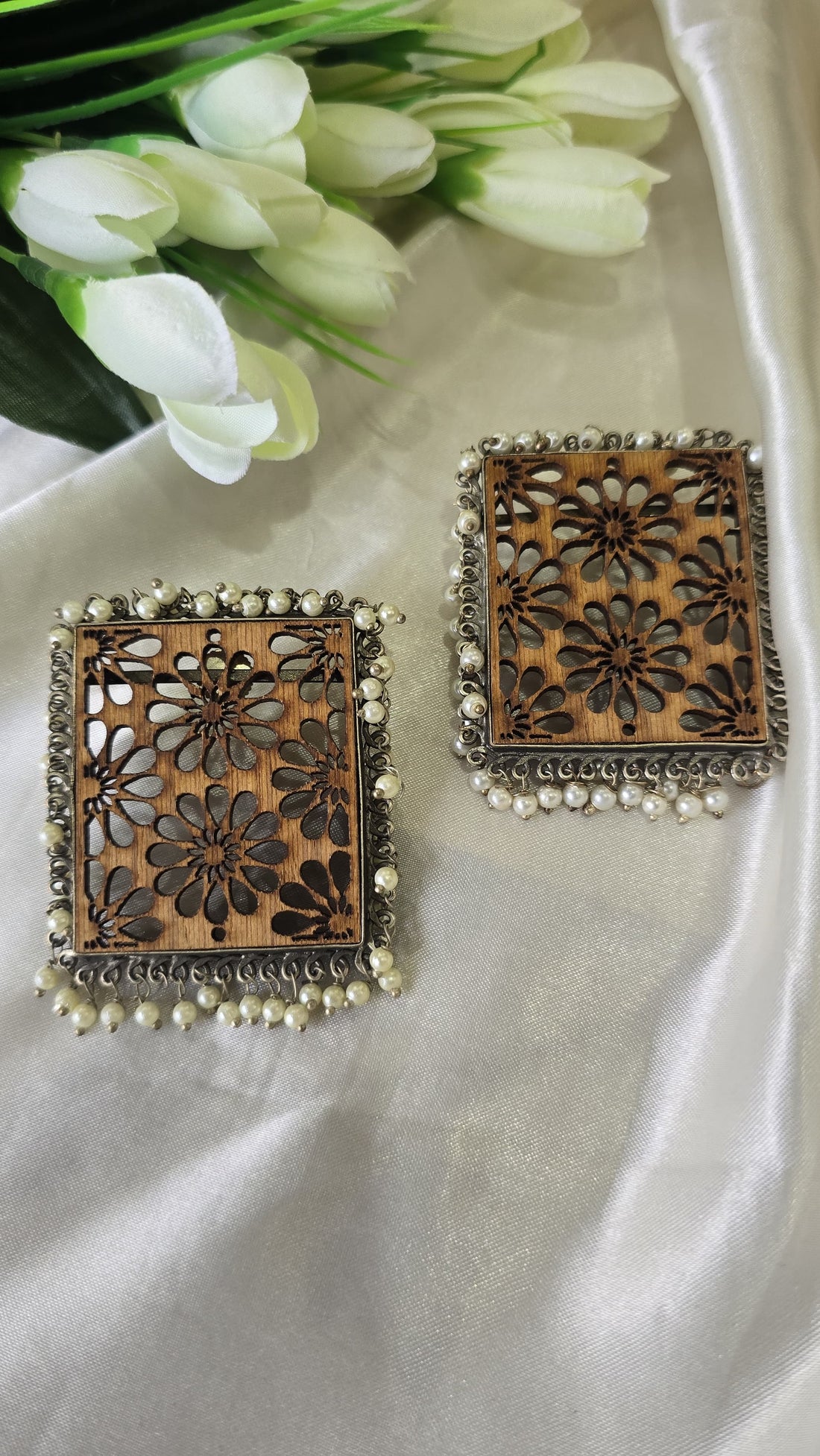 Designer hand crafted Rectangle wooden earring with pearl.