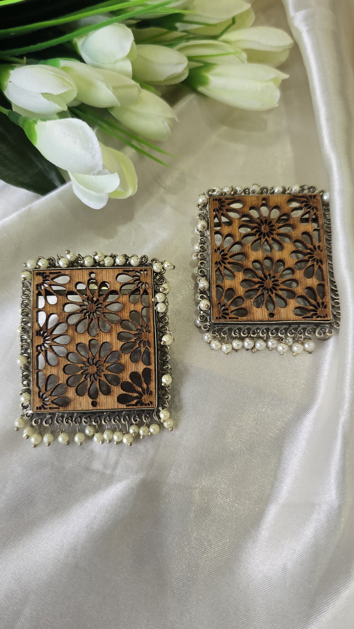 Designer hand crafted Rectangle wooden earring with pearl.