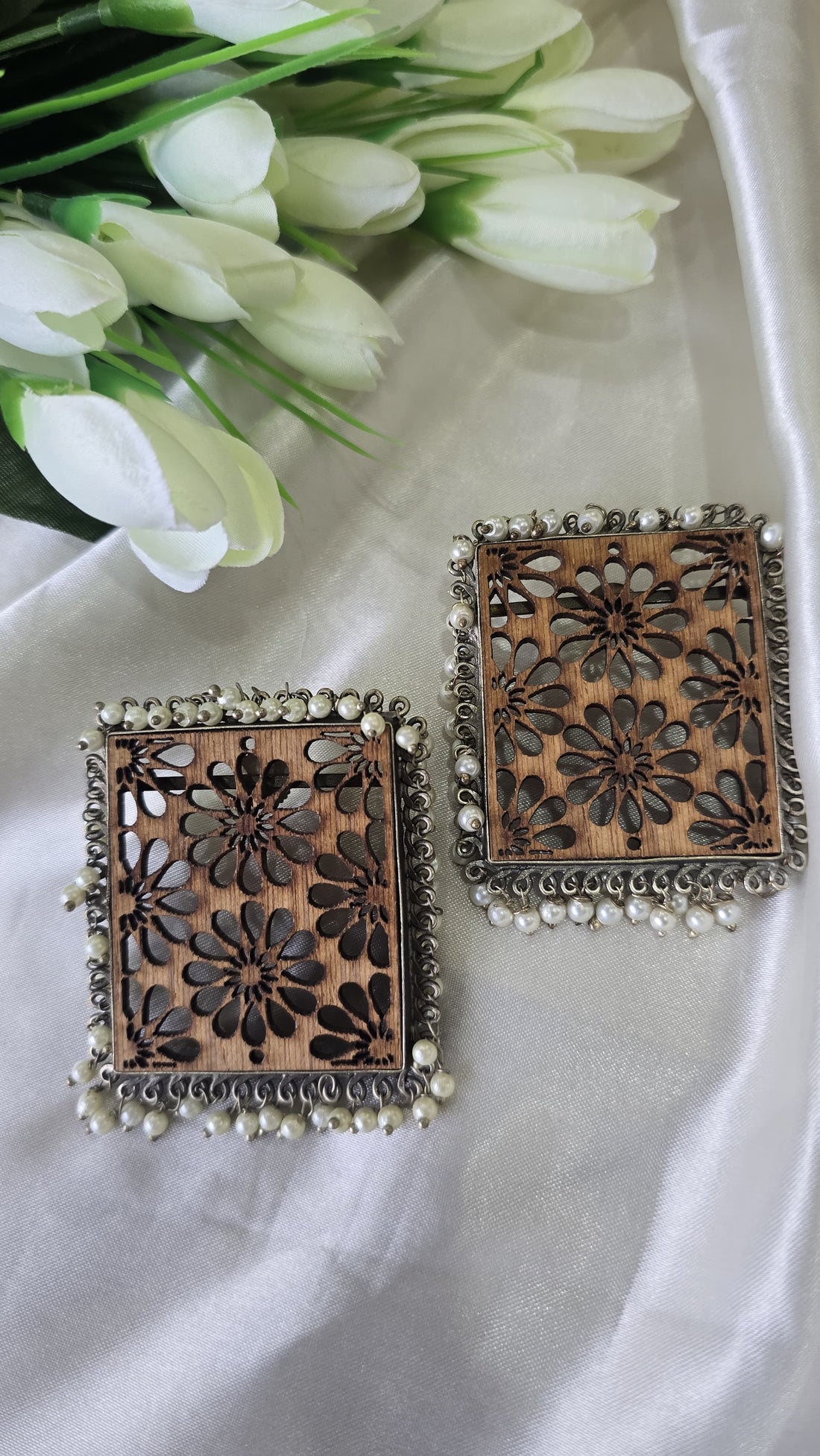 Designer hand crafted Rectangle wooden earring with pearl.