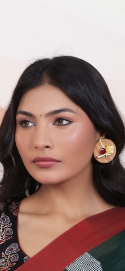 Handcrafted Wooden Stud Earrings with Gold Floral Accent, Pearl, and Emerald Green Cabochon