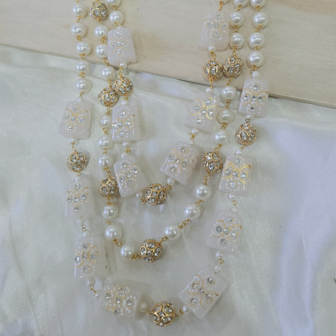 Three-Layer Pearl and Meenakari Bead Necklace Set with Matching Earrings