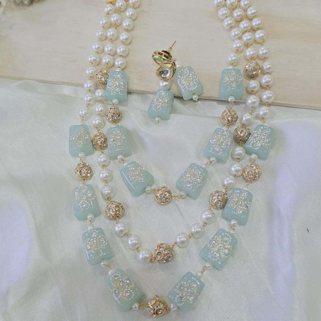 Three-Layer Pearl and Meenakari Bead Necklace Set with Matching Earrings