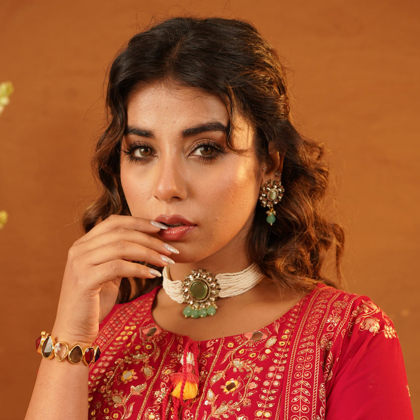 Handcrafted Kundan & Pearl Multi- Strand Choker Set with Peach Monalisa Stones