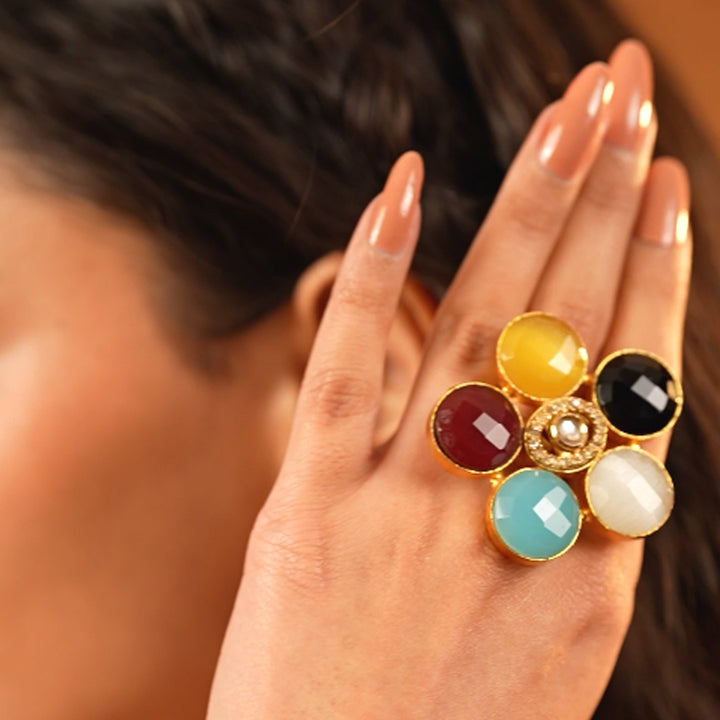 Handcrafted Five-Stone Floral Burst Ring – Bohemian Style