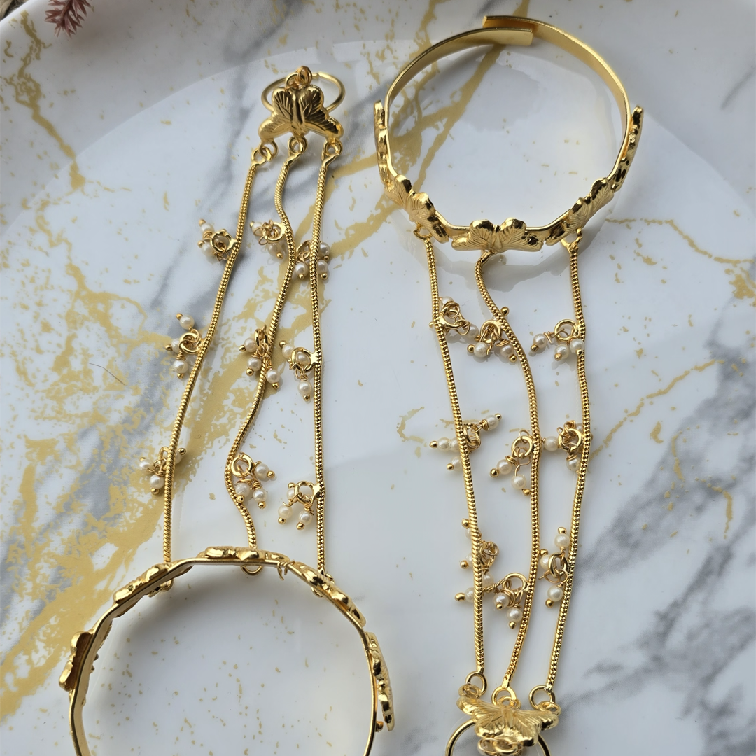 Gold-Plated Butterfly Charm Hathphool with Pearl Accents