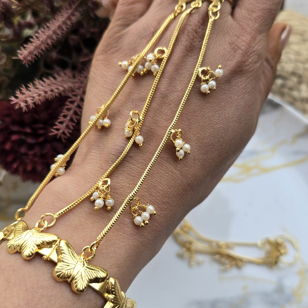 Gold-Plated Butterfly Charm Hathphool with Pearl Accents