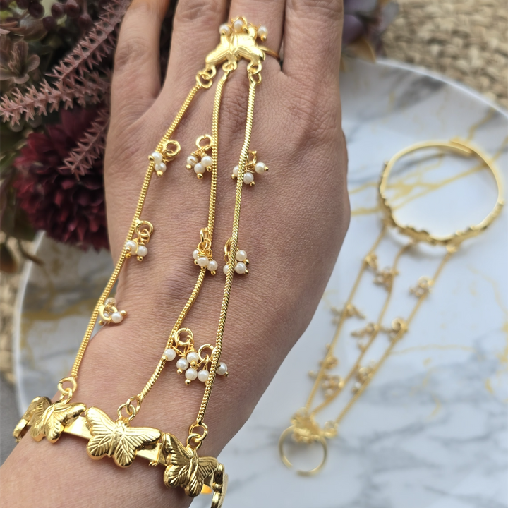 Gold-Plated Butterfly Charm Hathphool with Pearl Accents
