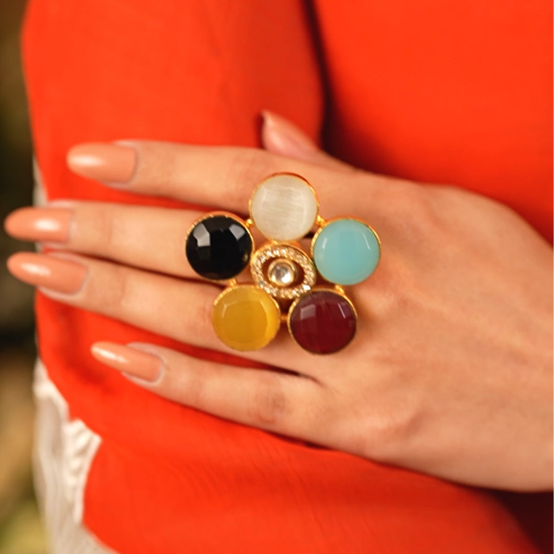 Handcrafted Five-Stone Floral Burst Ring – Bohemian Style