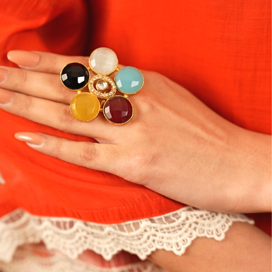 Handcrafted Five-Stone Floral Burst Ring – Bohemian Style