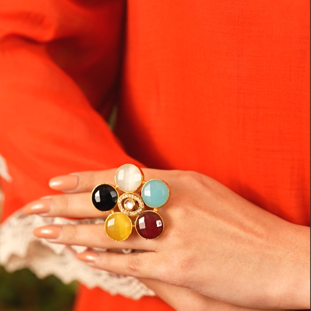 Handcrafted Five-Stone Floral Burst Ring – Bohemian Style