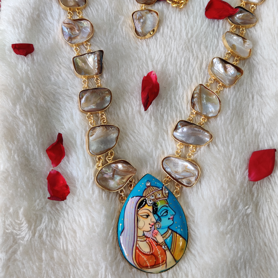 Hand painted Radha krishna miniature art neckpiece with MOP
