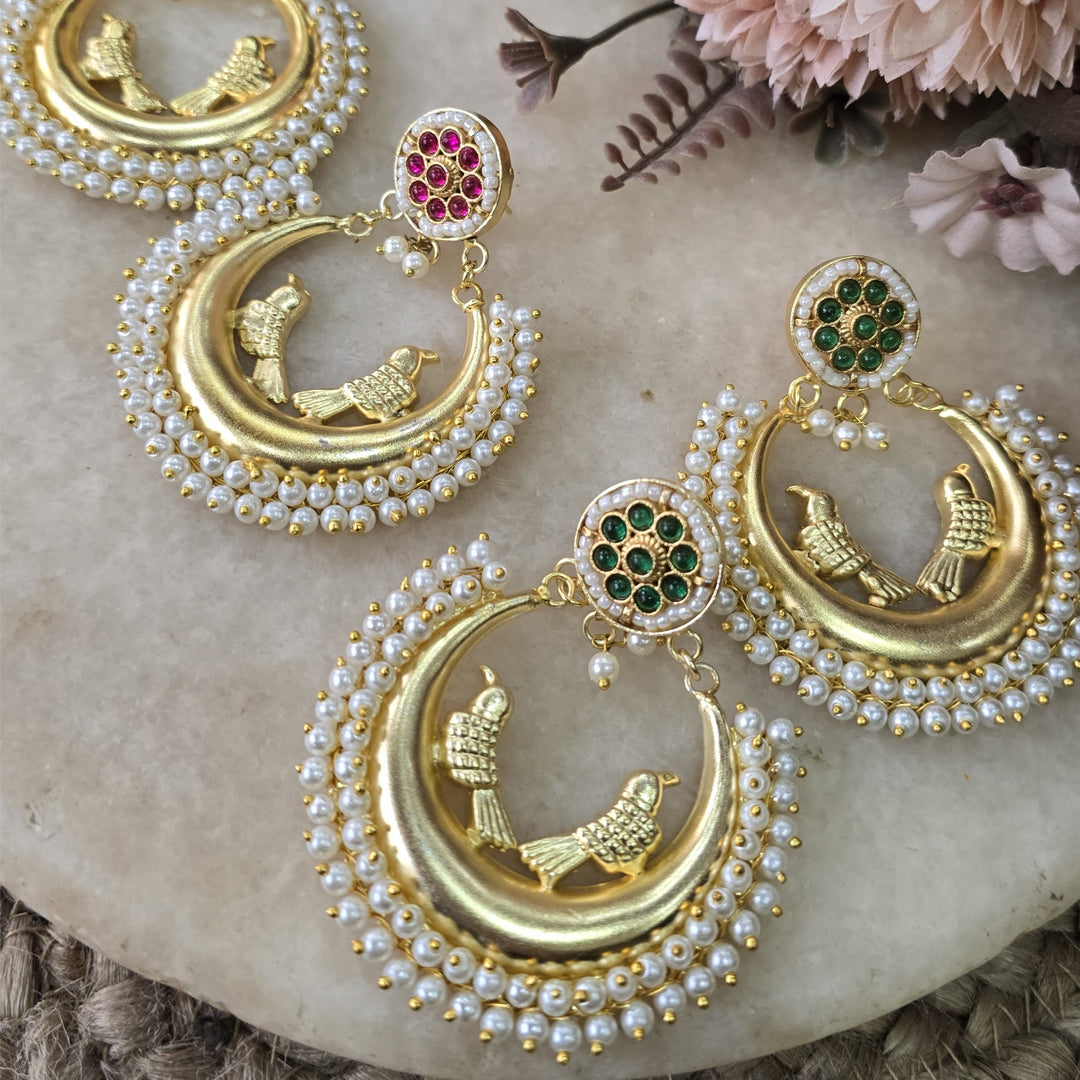 Regal Gold-Plated Bird Motif Chandbalis with Pearl Border