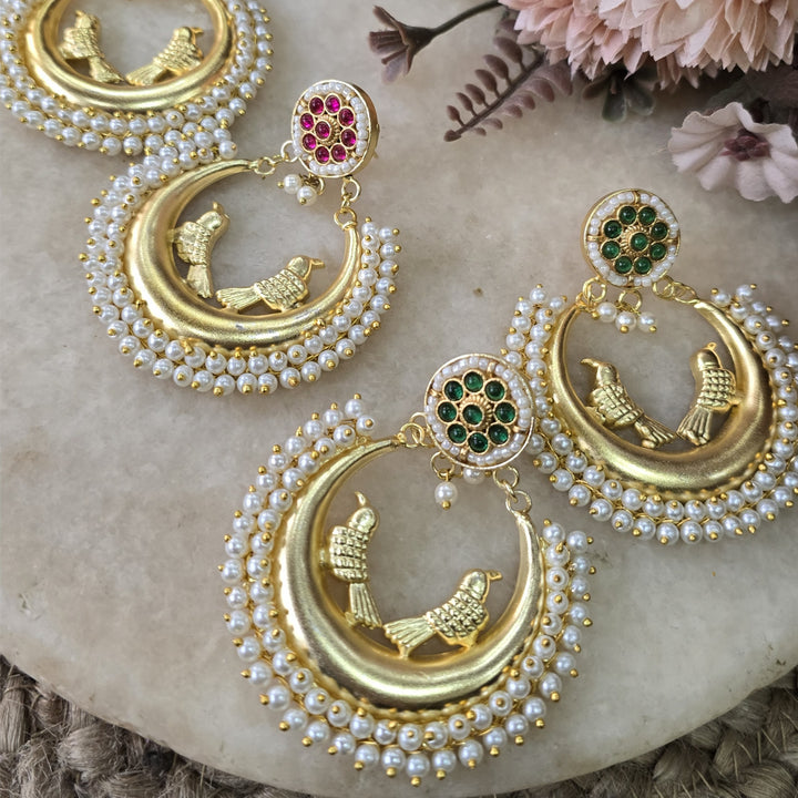 Regal Gold-Plated Bird Motif Chandbalis with Pearl Border