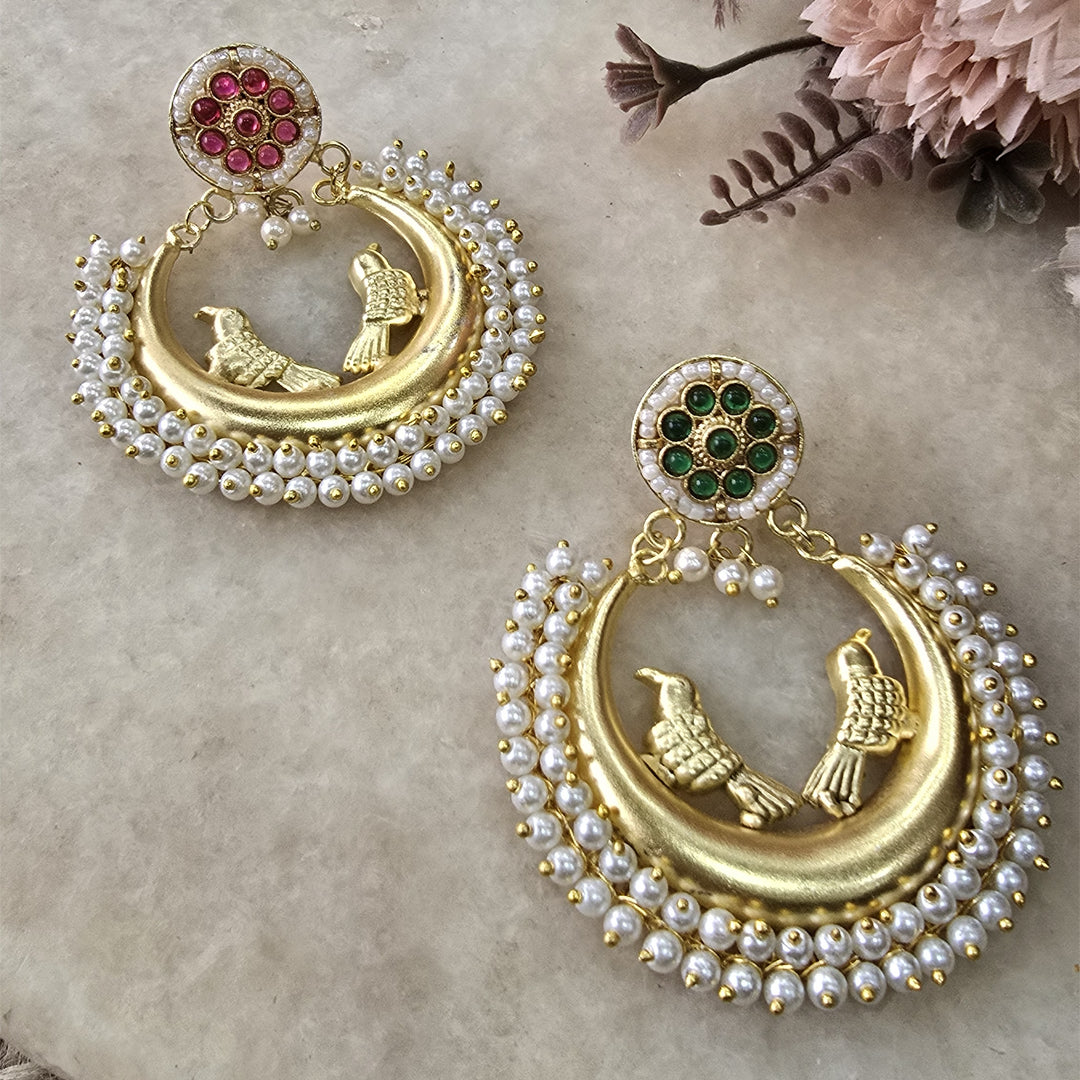 Regal Gold-Plated Bird Motif Chandbalis with Pearl Border