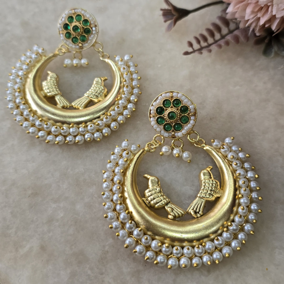Regal Gold-Plated Bird Motif Chandbalis with Pearl Border