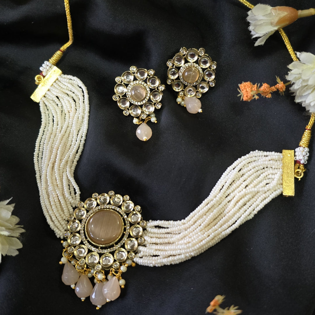 Handcrafted Kundan & Pearl Multi- Strand Choker Set with Peach Monalisa Stones