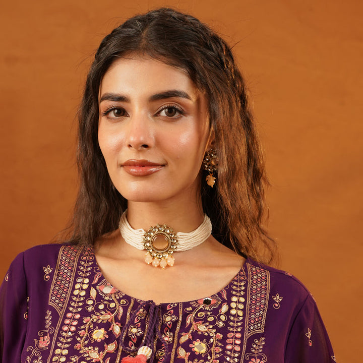 Handcrafted Kundan & Pearl Multi- Strand Choker Set with Peach Monalisa Stones