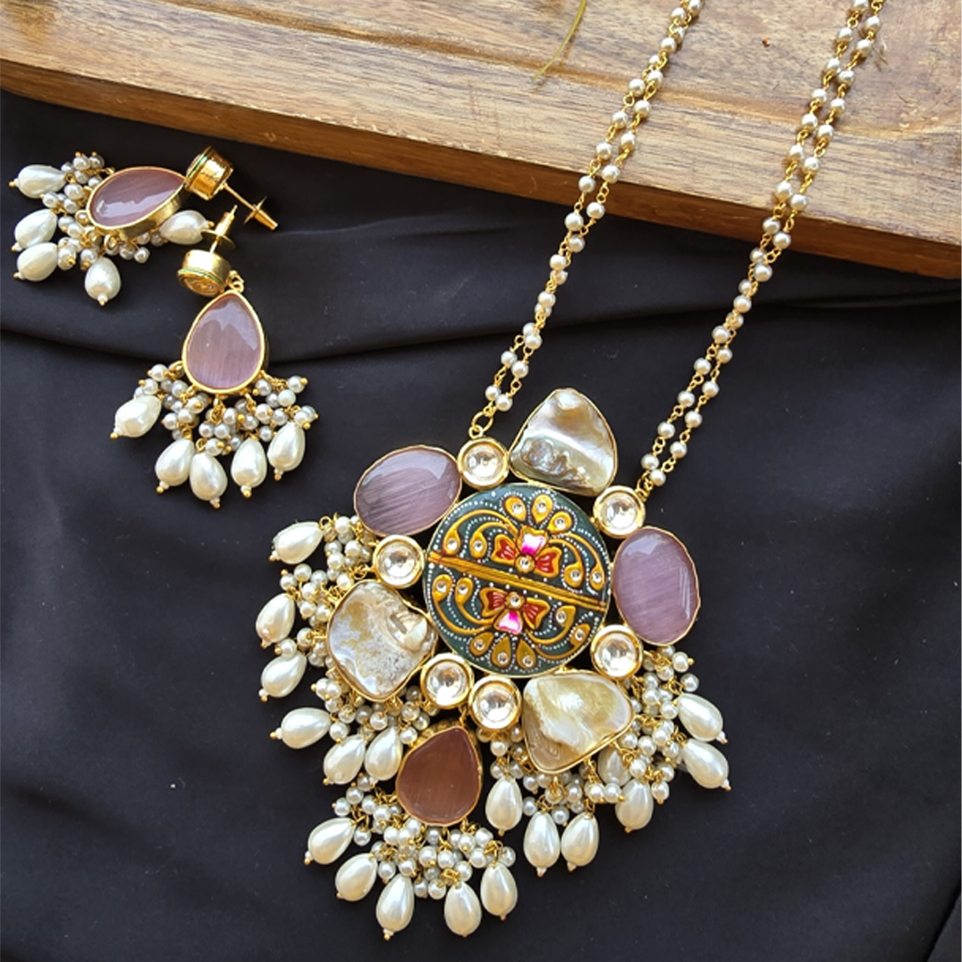 Handcrafted Meenakari Floral Pendant Necklace Set with Cat’s Eye Stones & Pearl Droplets