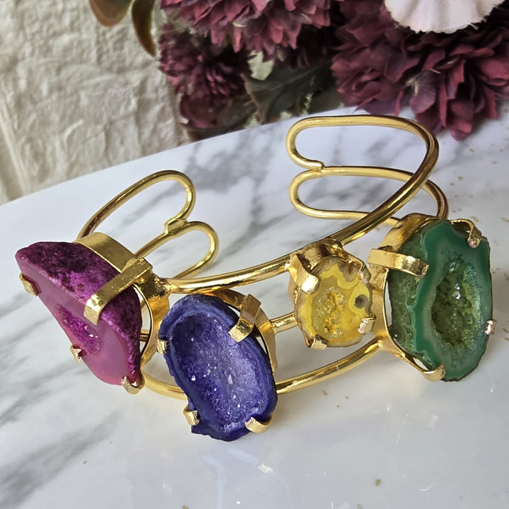 Irregular Agate Gold Cuff - Vibrant Druzy Statement Piece