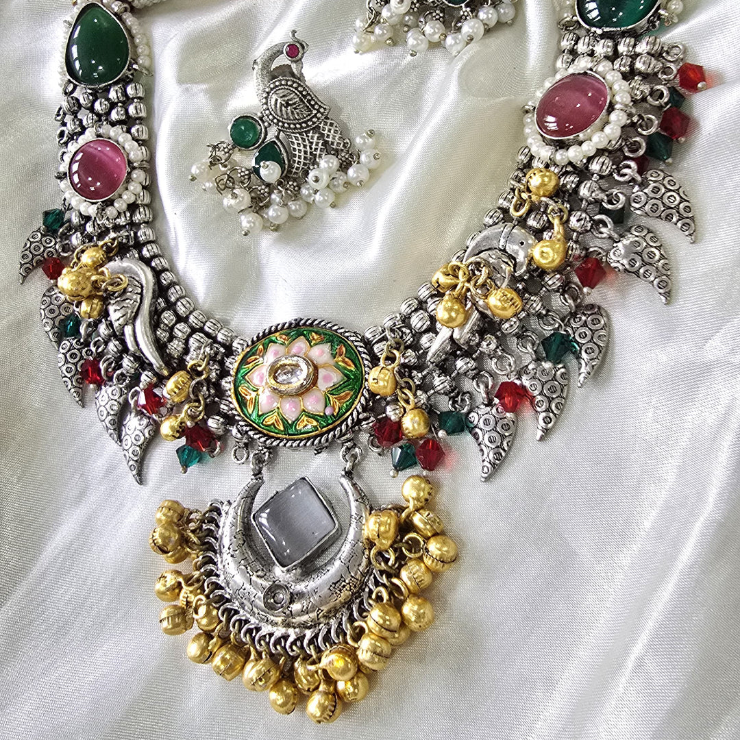 Antique Oxidized Necklace Set – with Multi-Color Stones