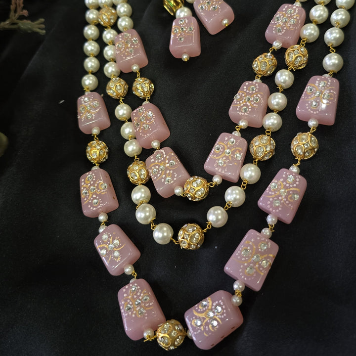 Three-Layer Pearl and Meenakari Bead Necklace Set with Matching Earrings