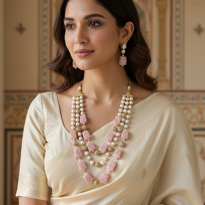 Three-Layer Pearl and Meenakari Bead Necklace Set with Matching Earrings