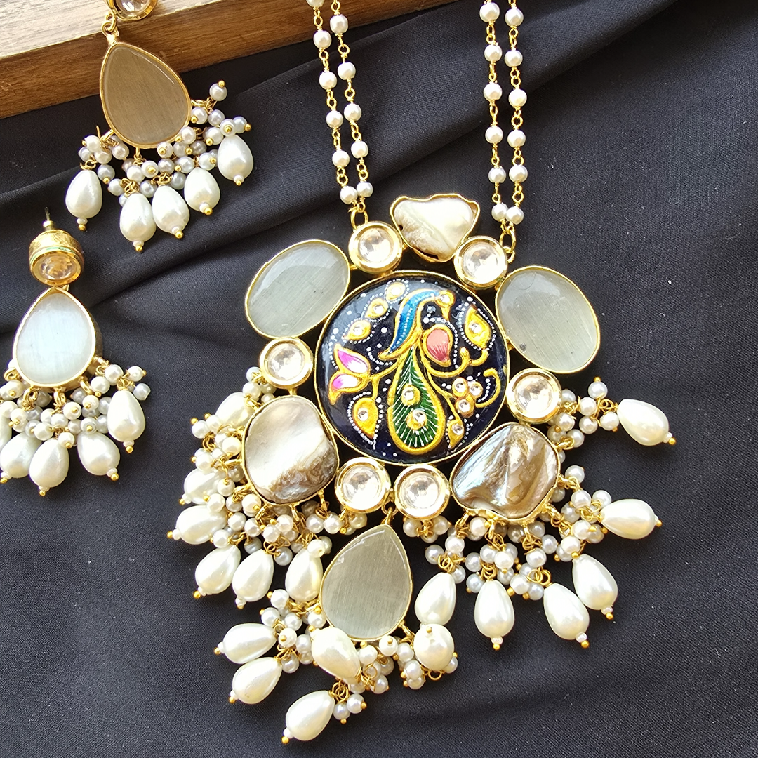 Handcrafted Meenakari Floral Pendant Necklace Set with Cat’s Eye Stones & Pearl Droplets