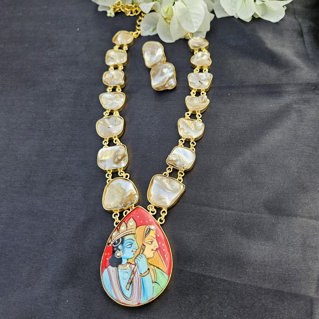 Hand painted Radha krishna miniature art neckpiece with MOP