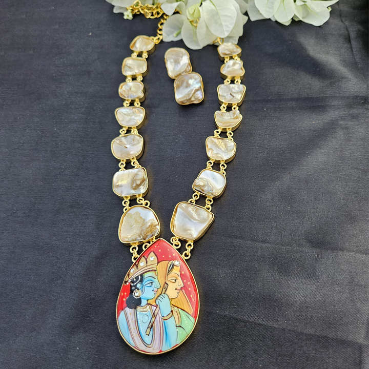 Hand painted Radha krishna miniature art neckpiece with MOP