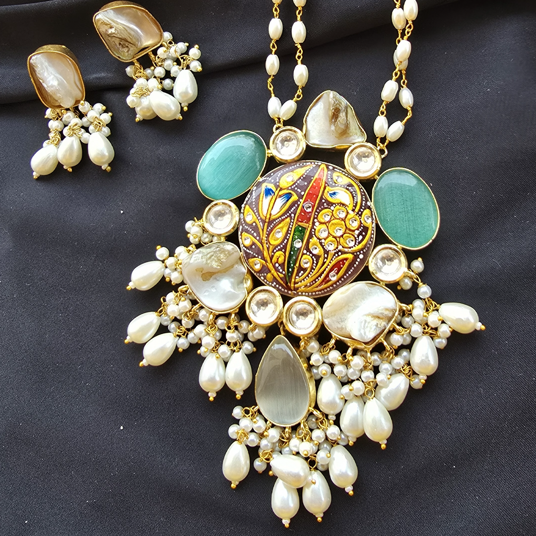 Handcrafted Meenakari Floral Pendant Necklace Set with Cat’s Eye Stones & Pearl Droplets