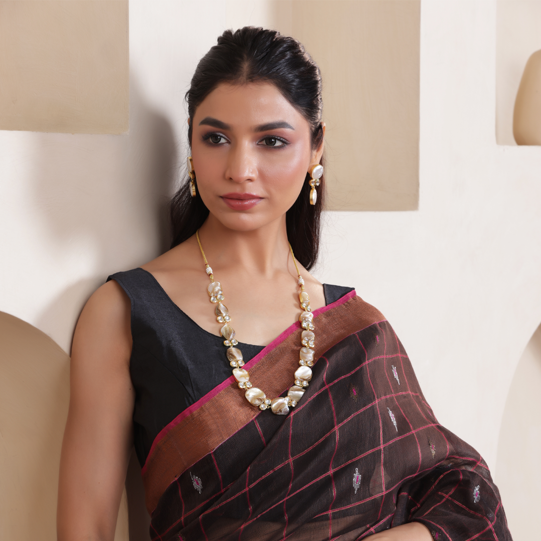 Handcrafted Baroque Shell & Polki Kundan Necklace Set with Matching Studs
