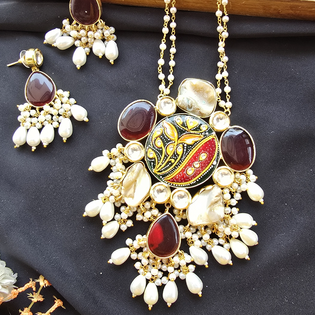 Handcrafted Meenakari Floral Pendant Necklace Set with Cat’s Eye Stones & Pearl Droplets