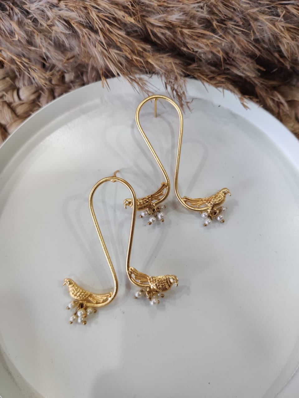 Gold-Plated Bird Motif Hoop Earrings with Pearl Droplets