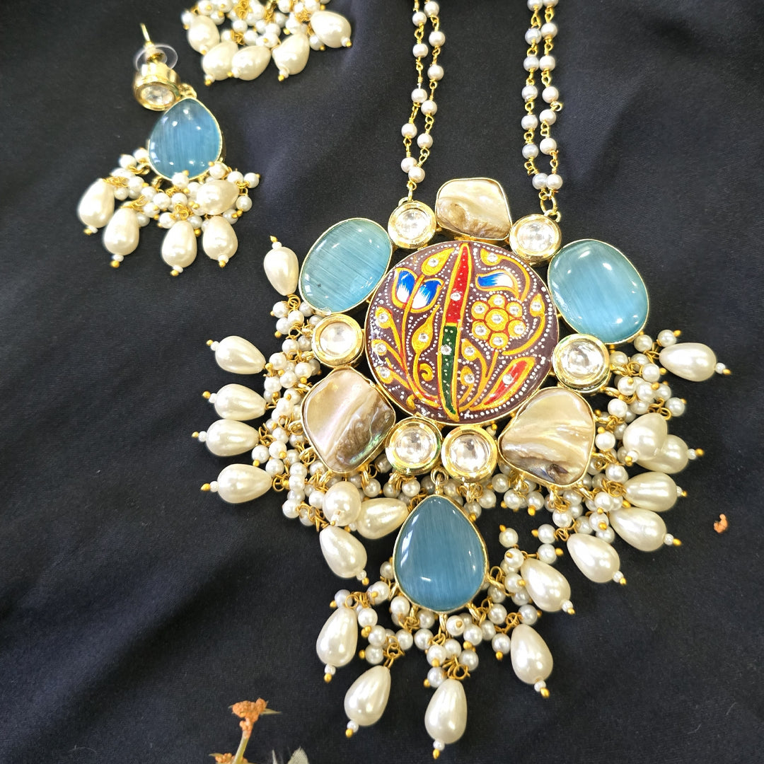 Handcrafted Meenakari Floral Pendant Necklace Set with Cat’s Eye Stones & Pearl Droplets