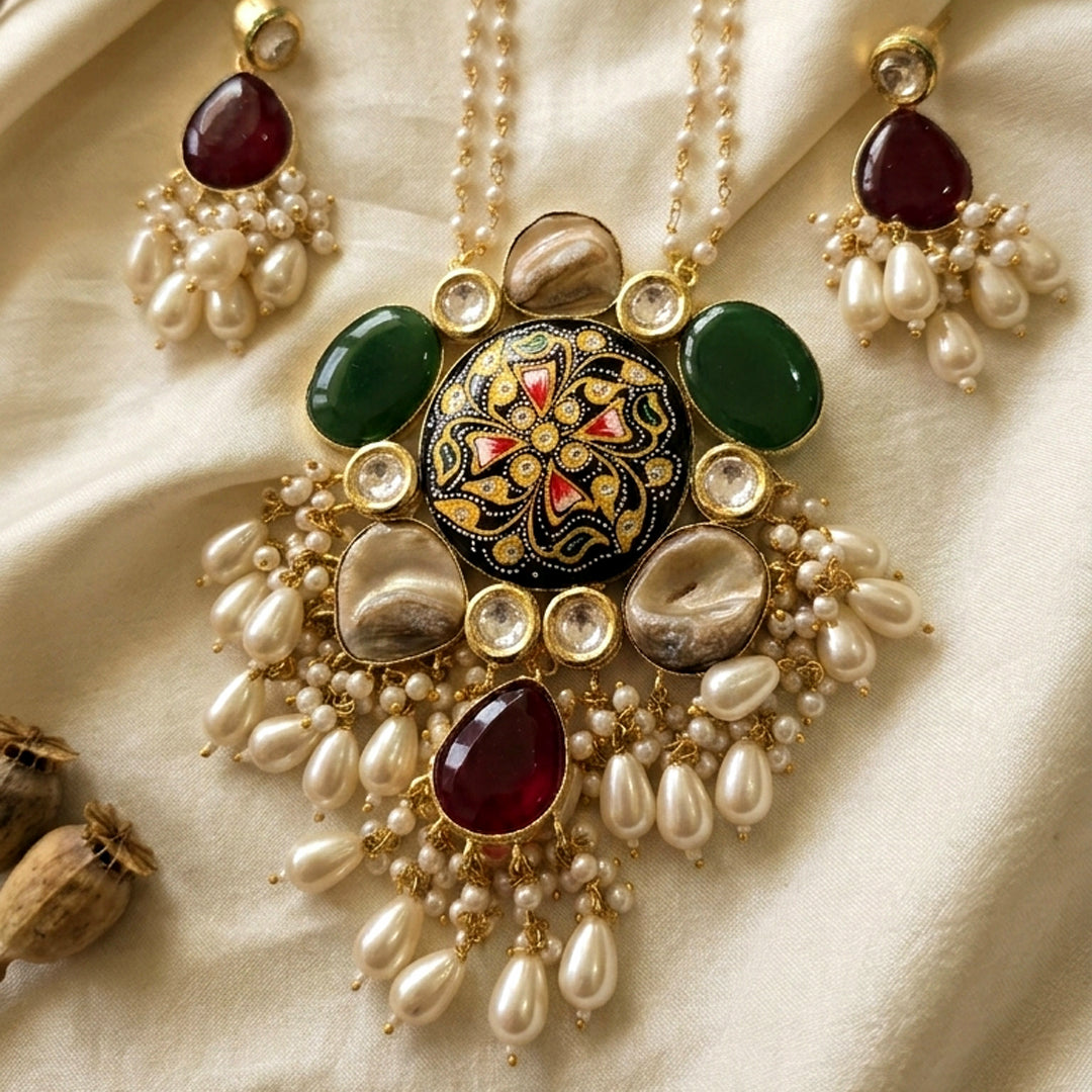 Handcrafted Meenakari Floral Pendant Necklace Set with Cat’s Eye Stones & Pearl Droplets