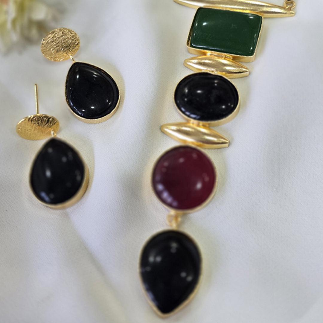 Gold Finish Multicolor Geometric Stone Statement Necklace & Earrings Set