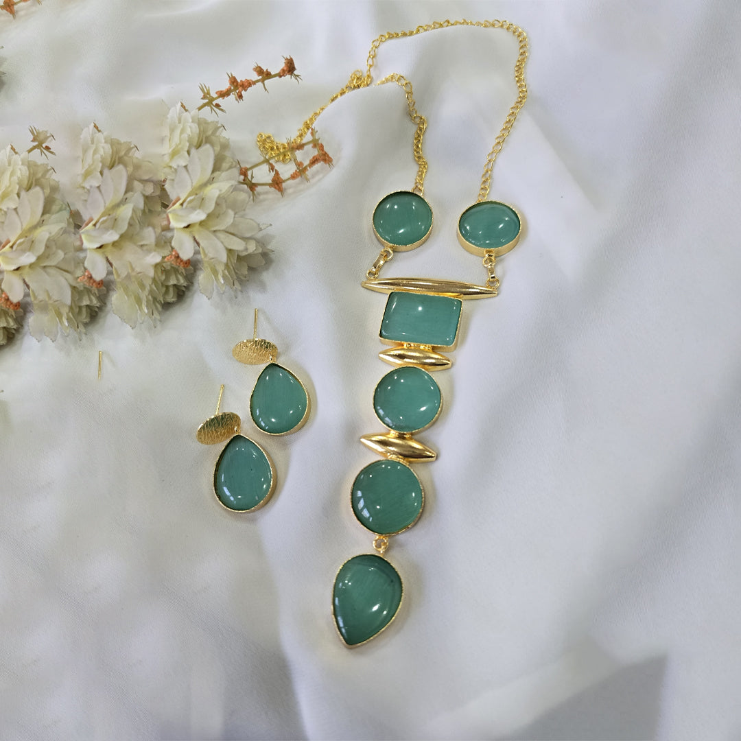 Gold Finish Multicolor Geometric Stone Statement Necklace & Earrings Set