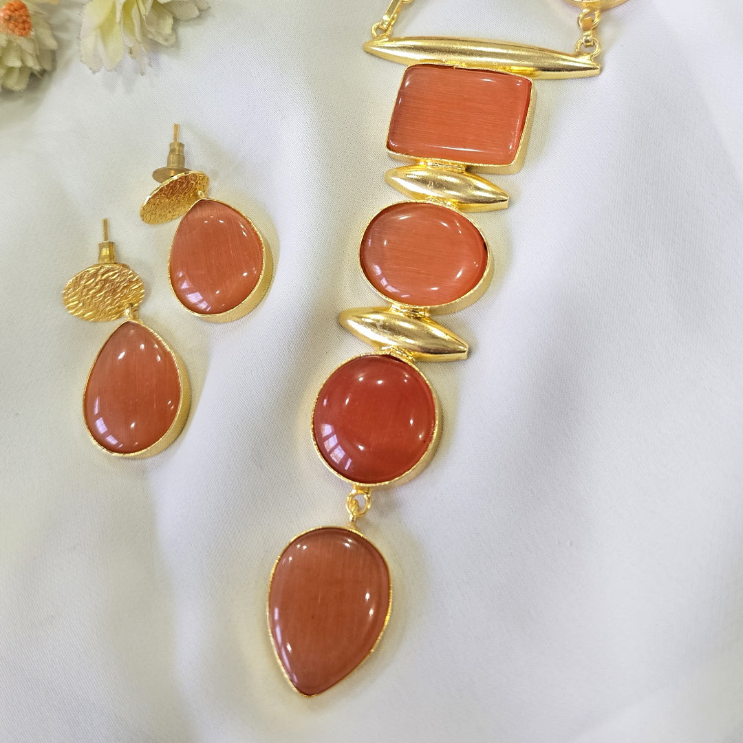 Gold Finish Multicolor Geometric Stone Statement Necklace & Earrings Set