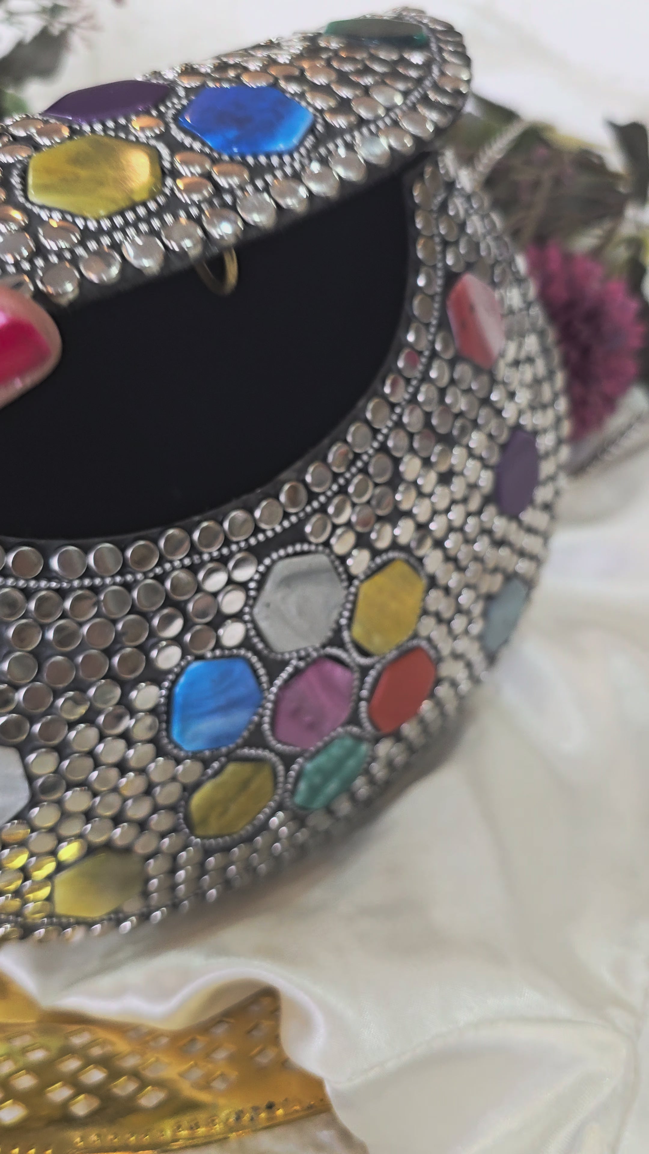 Artisanal Multi-Color Geometric Stone & Studded Clutch with Chain Strap – [Medium]