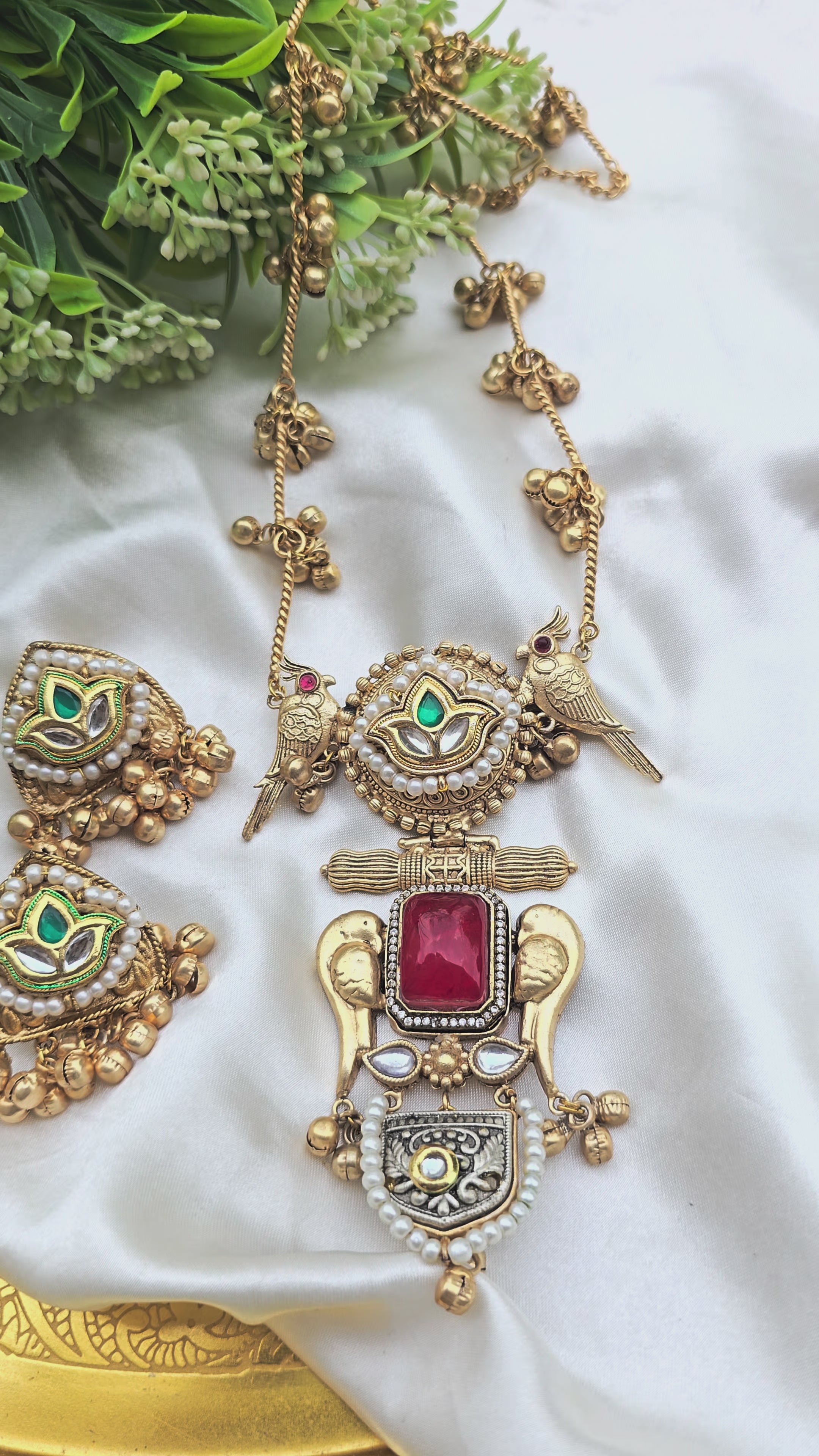 Mayura & Gaja Antique Gold-Plated Necklace Set with Ruby and Kundan Accents