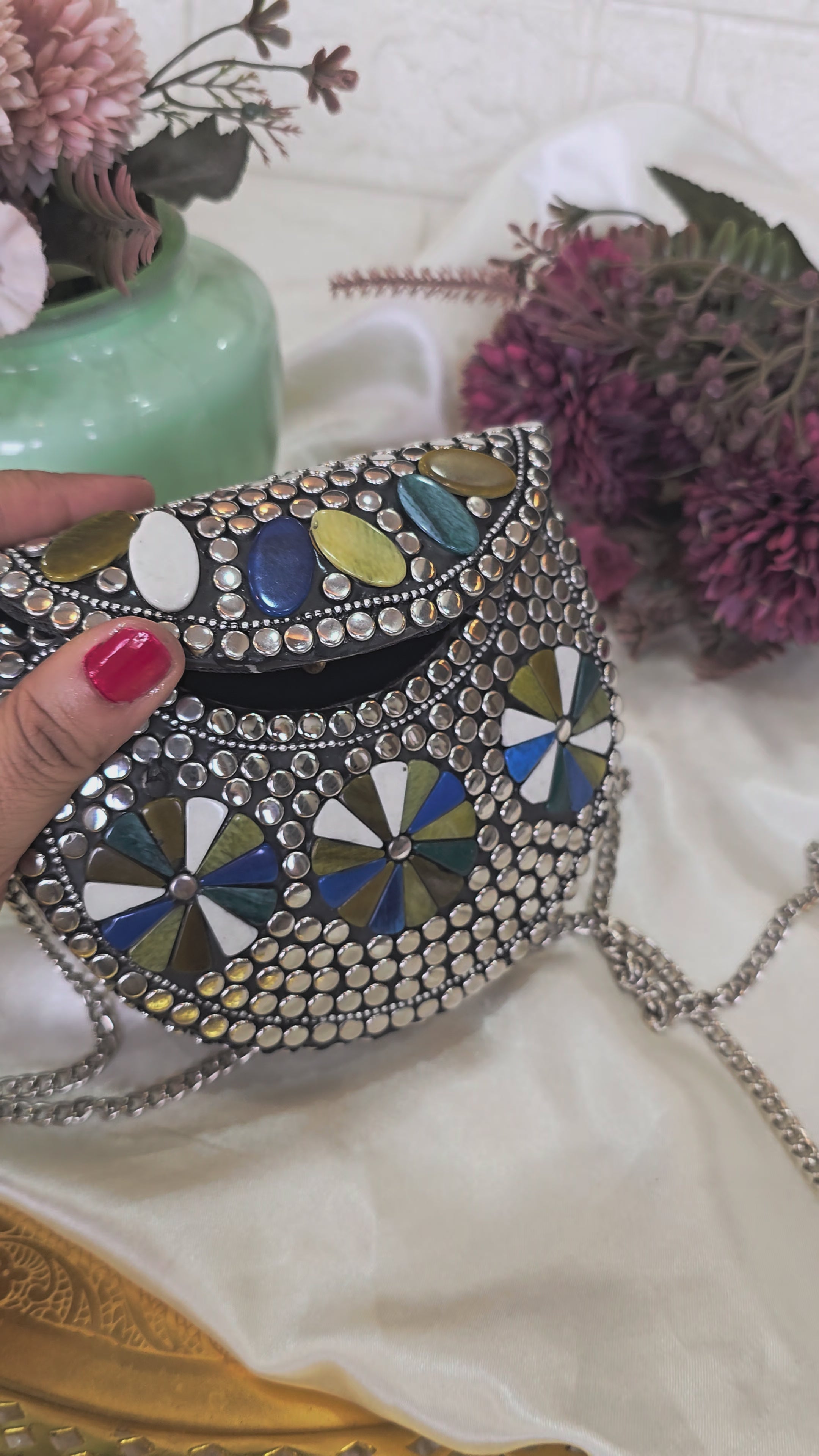 Artisanal Multi-Color Geometric Stone & Studded Clutch with Chain Strap – [Small]