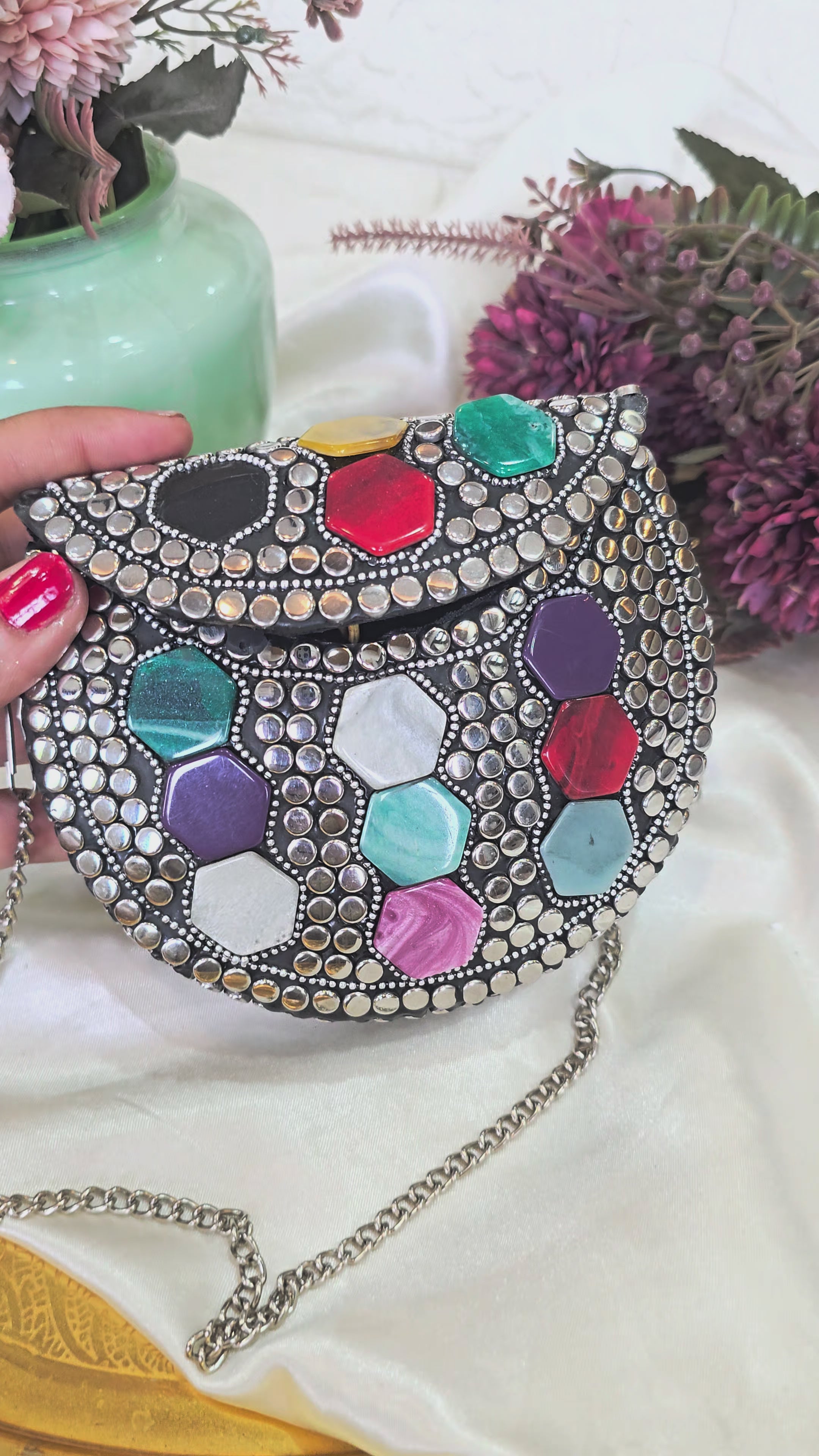 Artisanal Multi-Color Geometric Stone & Studded Clutch with Chain Strap – [Small]